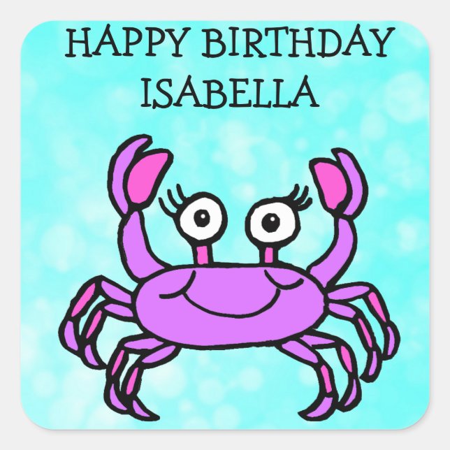 Personalized Happy Birthday Purple Crab Square Sticker (Front)