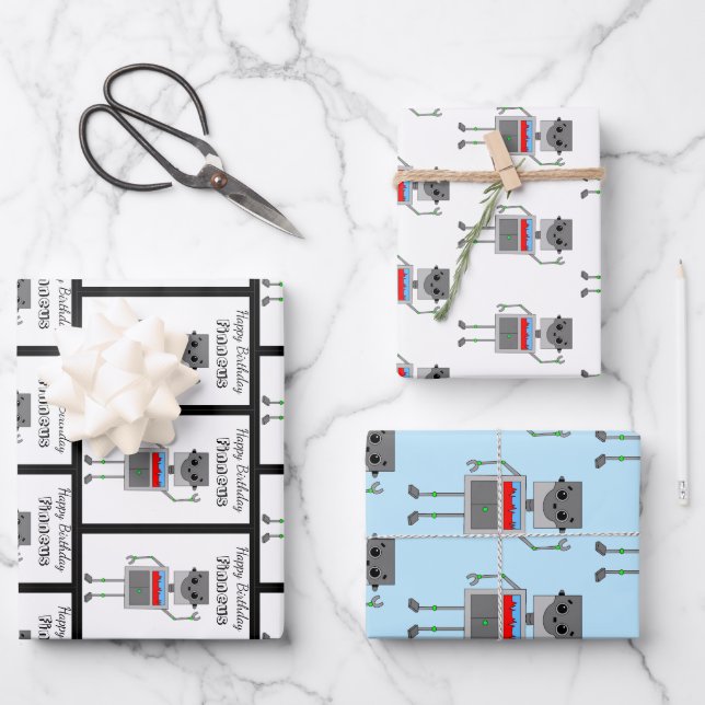 Personalized Happy Birthday Robot Themed Wrapping Paper Sheets (Front)