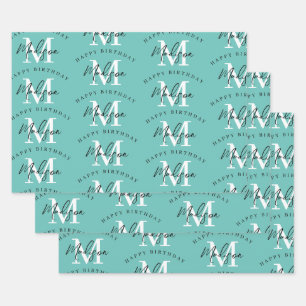 Personalized Happy Birthday Teal Monogram Wrapping Paper Sheets