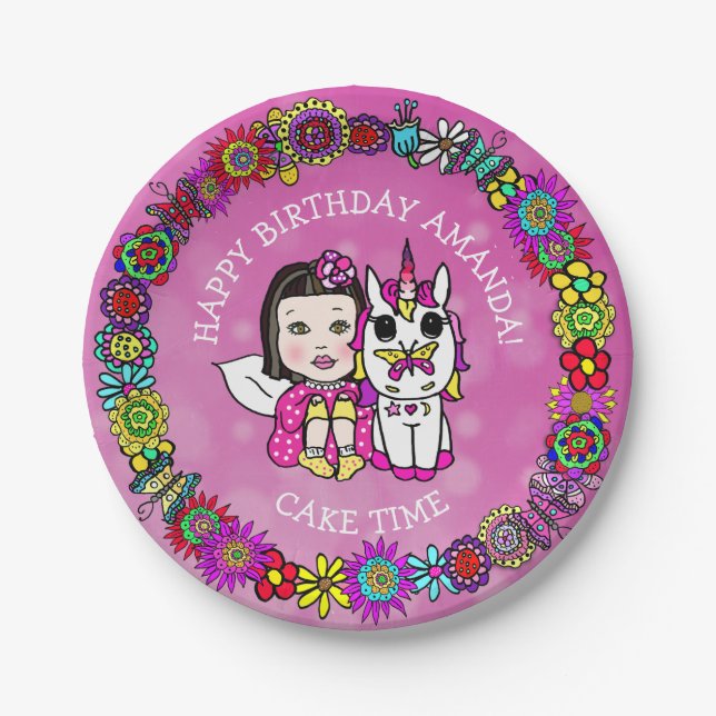 Personalized Happy Birthday Unicorn and Fairy Paper Plates (Front)