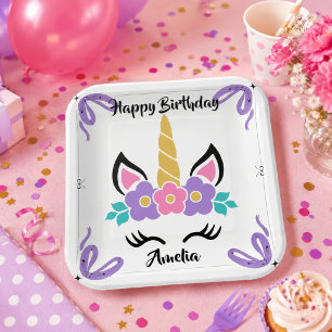 Personalized Happy Birthday Unicorn Paper Plate