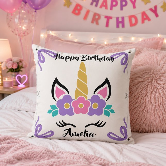 Personalized Happy Birthday Unicorn Throw Pillow (Creator Uploaded)