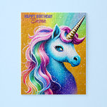 Personalized Happy Birthday Unicorn with Name Jigsaw Puzzle<br><div class="desc">Celebrate a special birthday with our vibrant and colorful unicorn jigsaw puzzle. This playful design features a portrait of a happy unicorn with blue eyes and a rainbow mane. Personalize the puzzle by adding a custom name in pretty cursive script and a happy birthday message. As you solve the puzzle,...</div>
