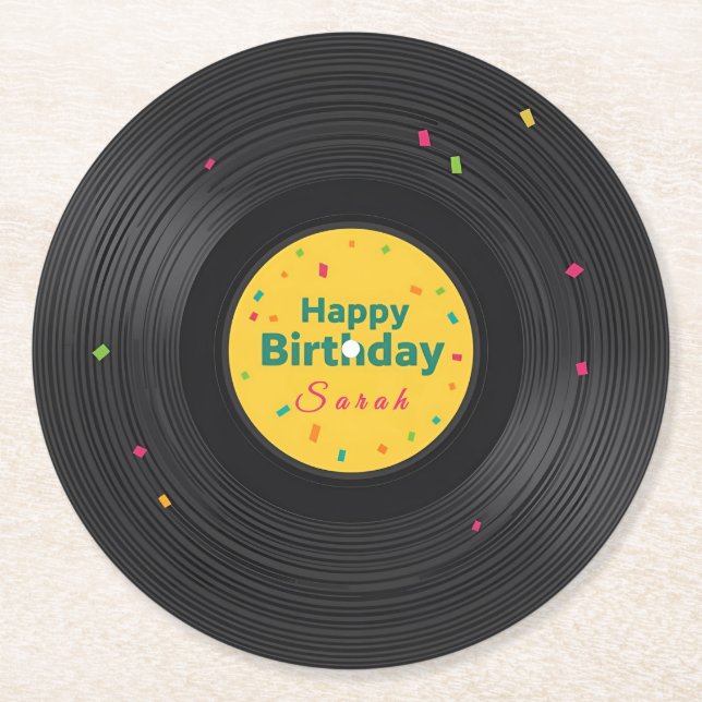 Personalized Happy Birthday Vinyl Record  Round Paper Coaster (Front)
