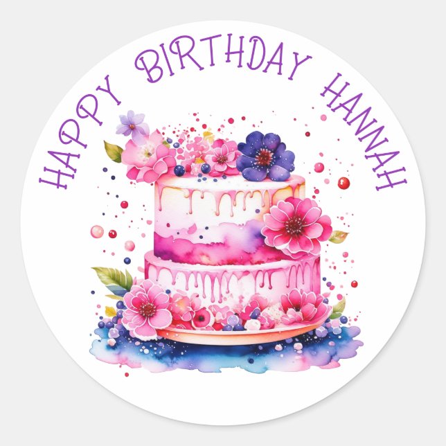 Personalized Happy Birthday Whimsical Cake Classic Round Sticker (Front)