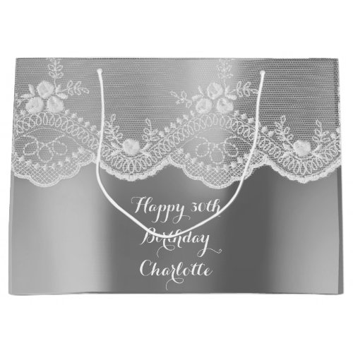 Personalized Happy Birthday White Silver Gray Lace Large Gift Bag