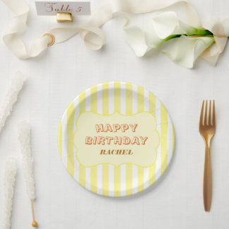 Personalized Happy Birthday Yellow Stripe Paper Plates