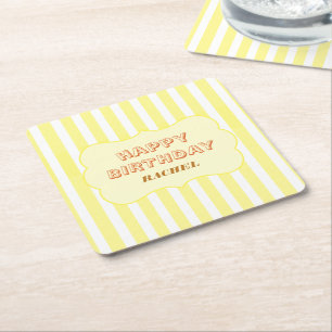 Personalized Happy Birthday Yellow Stripe Square Paper Coaster