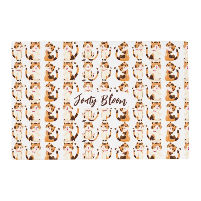 Personalized Happy Calico Cartoon Cat Pet Placemat (Front)