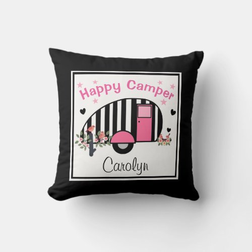 Personalized Happy Camper Striped Camper Pillow