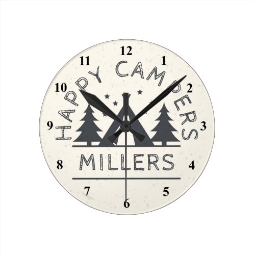 Personalized Happy Campers | Rustic Tent Camping Round Clock