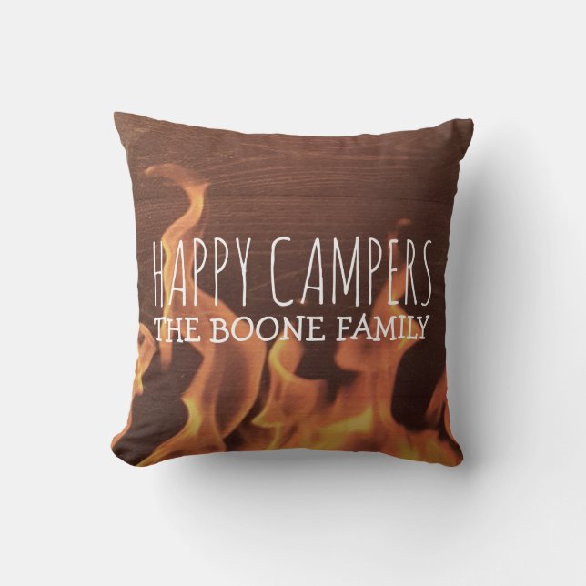 Personalized Happy Campers | Rustic Wood Campfire Throw Pillow (Front)