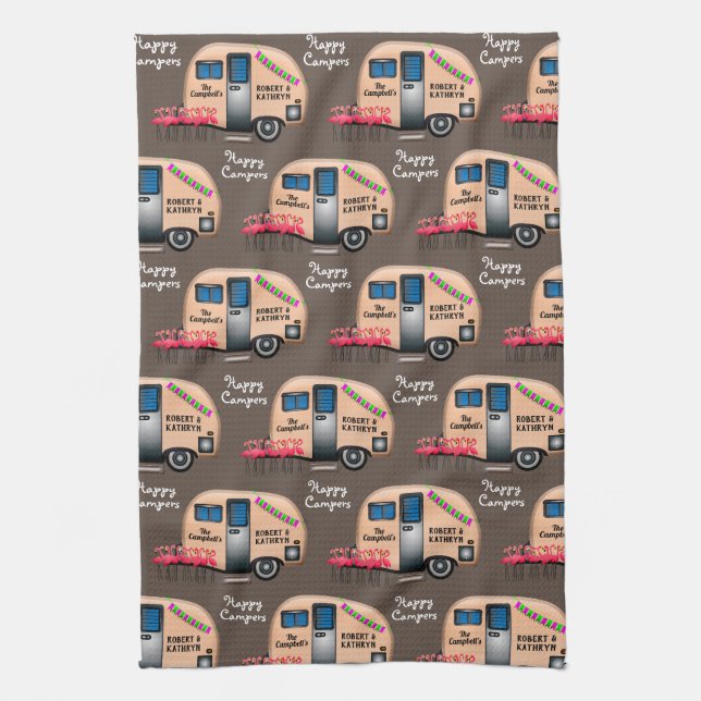 Personalized Happy Campers w/Flamingos Kitchen Towel (Vertical)