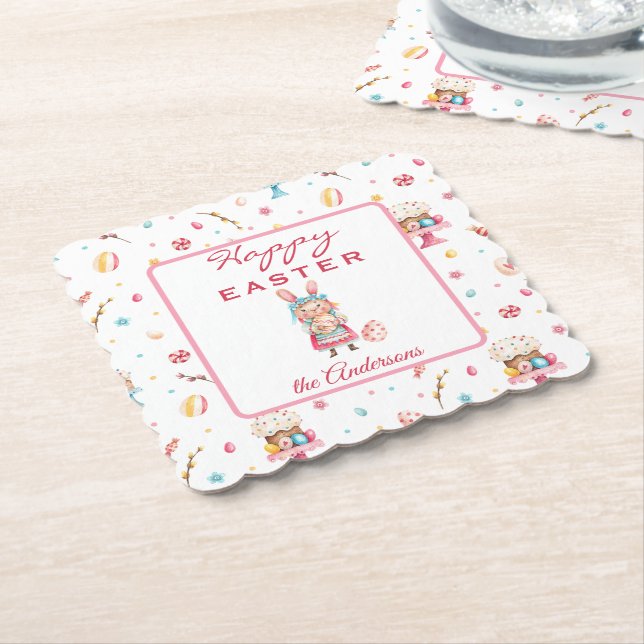 Personalized Happy Easter 4" Scalloped Paper Coaster (Angled)