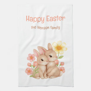 Personalized Happy Easter Bunnies Floral Family Kitchen Towel