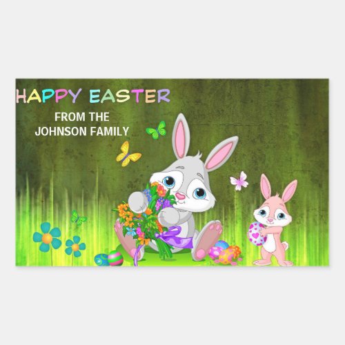 Personalized HAPPY EASTER Bunny Colored Eggs Rectangular Sticker