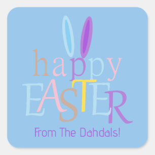 Personalized Happy Easter Bunny Ears Blue Purple Square Sticker