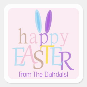 Personalized Happy Easter Bunny Ears Pastel Pink Square Sticker