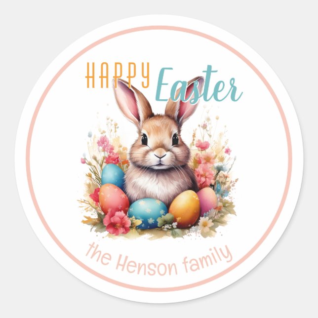 Personalized Happy Easter Bunny Eggs Family  Classic Round Sticker (Front)