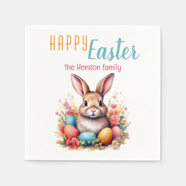 Personalized Happy Easter Bunny Eggs Family  Napkins (Front)