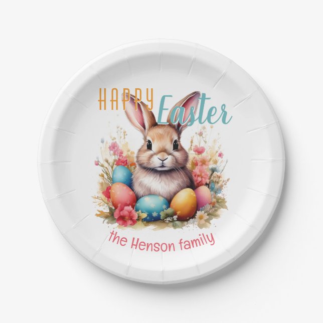 Personalized Happy Easter Bunny Eggs Family  Paper Plates (Front)