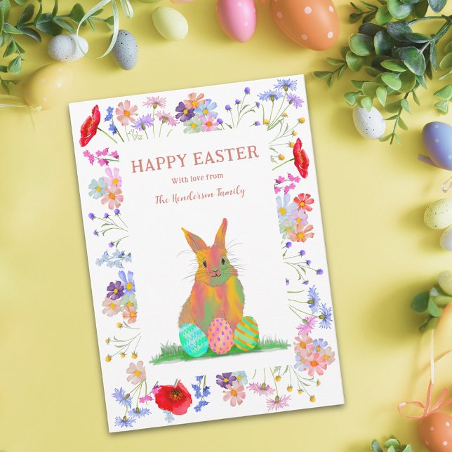 Personalized Happy Easter Bunny Eggs Floral Holiday Card (Personalized happy easter cute bunny colorful watercolor wildflower floral holiday greetings card)