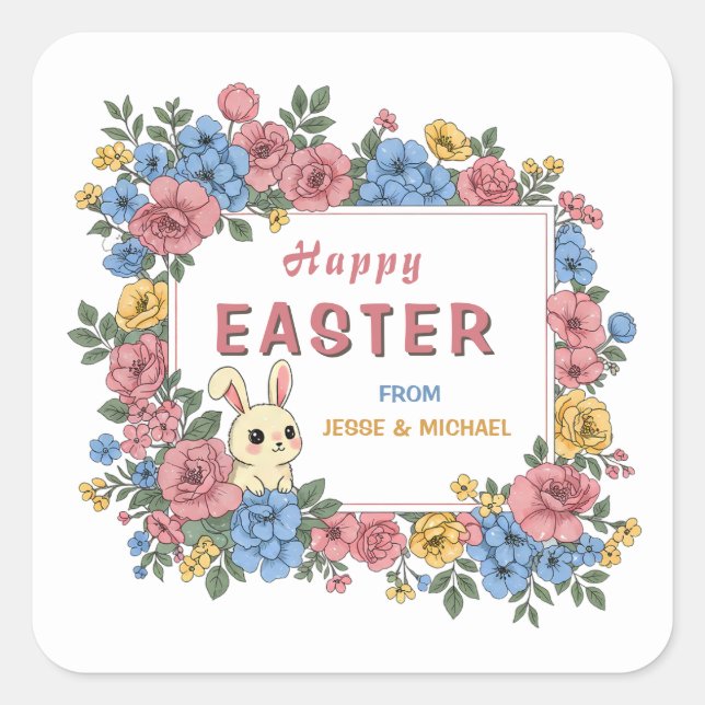 Personalized Happy Easter Bunny Floral Custom Name Square Sticker (Front)