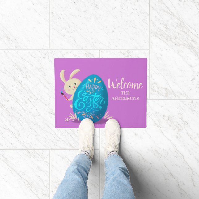 Personalized Happy Easter Bunny Painting an Egg Doormat (Indoor)
