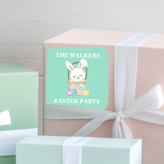 Personalized Happy Easter Bunny Party Green Square Sticker (Creator Uploaded)
