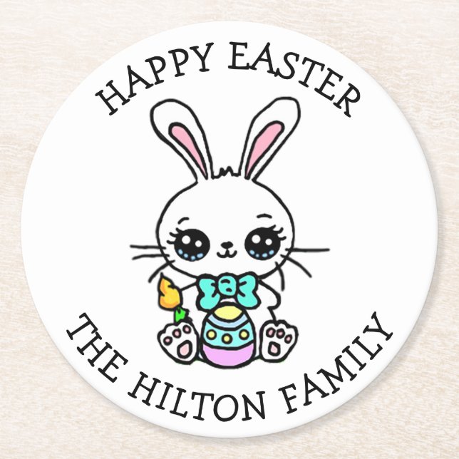 Personalized Happy Easter Bunny Seasonal Round Paper Coaster (Front)