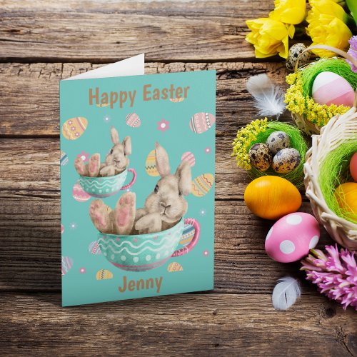 Personalized Happy Easter Bunny Sitting In Teacups Holiday Card