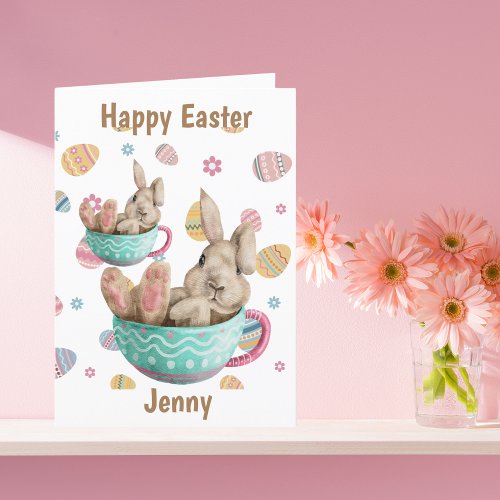 Personalized Happy Easter Bunny Sitting In Teacups Holiday Card