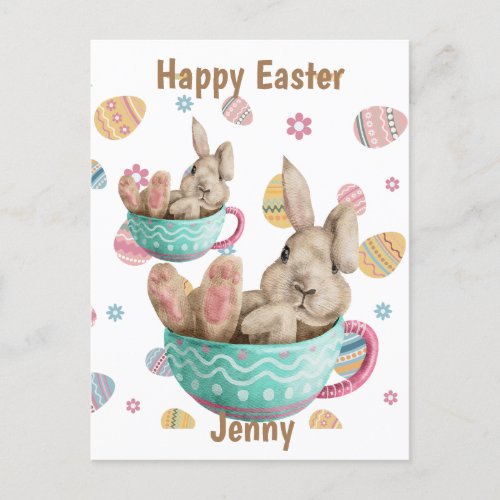 Personalized Happy Easter Bunny Sitting In Teacups Holiday Postcard