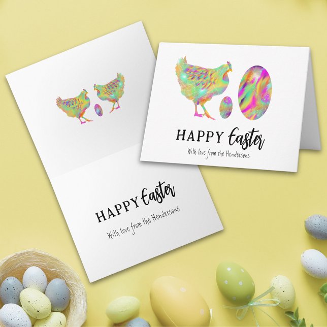 Personalized Happy Easter Colorful Hen & Eggs Holiday Card (Personalized happy easter modern colorful watercolor cute hen & Easter eggs folded holiday card)