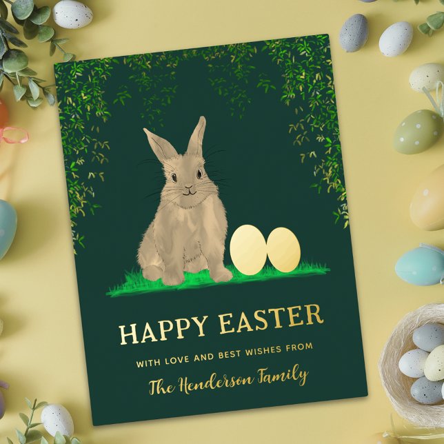 Personalized Happy Easter Cute Bunny Eggs Gold Foil Holiday Postcard (Personalized happy Easter cute bunny watercolor gold foil eggs holiday postcard)