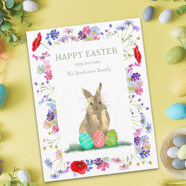 Personalized Happy Easter Cute Bunny Floral Holiday Card (Personalized happy easter cute bunny watercolor wildflower meadow floral holiday greetings card)