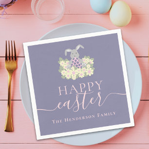 Personalized Happy Easter Cute Bunny Floral Purple Napkins