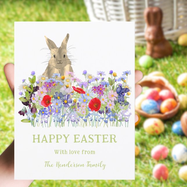 Personalized Happy Easter Cute Bunny Wildflower Holiday Postcard (Happy Easter bunny and watercolor wildflowers custom holiday postcard )