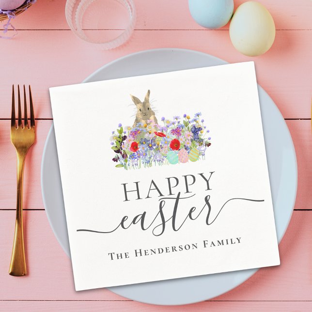Personalized Happy Easter Cute Bunny Wildflower Napkins (Personalized happy Easter cute bunny wildflower floral spring party napkin)