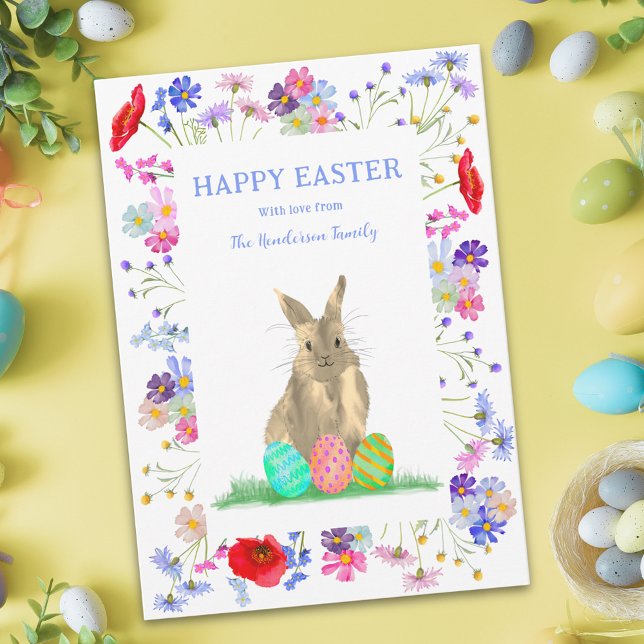 Personalized Happy Easter Cute Bunny Wildflowers Holiday Card (Easter egg hunt brunch cute bunny floral spring garden party inviation)