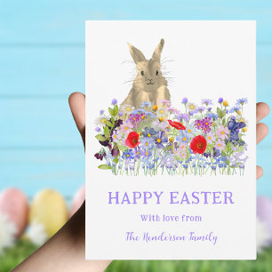 Personalized Happy Easter Cute Bunny Wildflowers Holiday Card