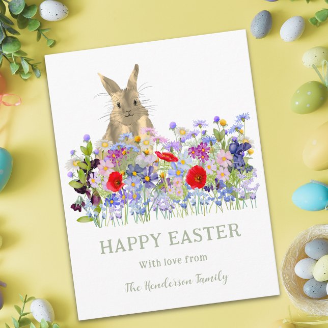 Personalized Happy Easter Cute Bunny Wildflowers Holiday Postcard (Personalized Happy Easter cute bunny watercolor wildflower floral garden greeting postcard)