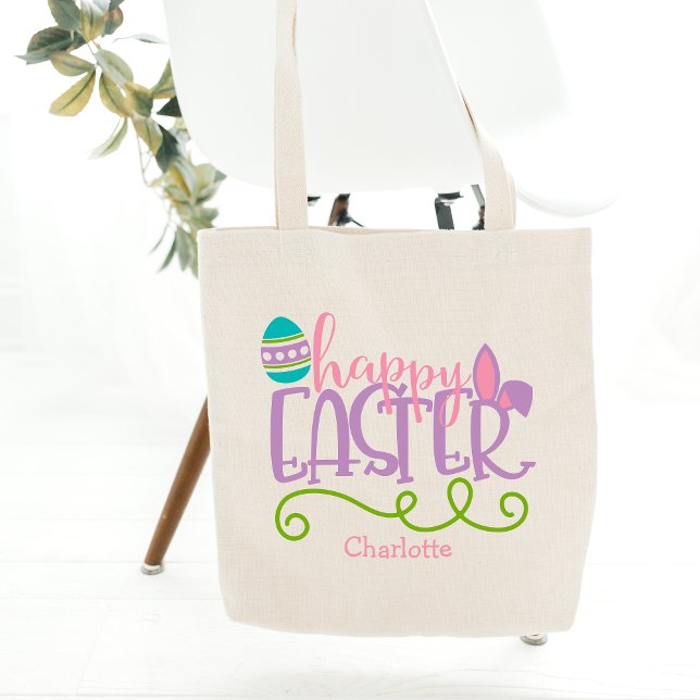 Personalized Happy Easter Cute Modern Typography Tote Bag (Creator Uploaded)
