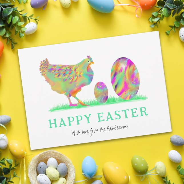 Personalized Happy Easter eggs chicken watercolor  Holiday Postcard (Personalized happy Easter cute colorful watercolor chick and eggs holiday greeting card)