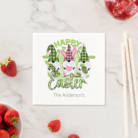 Personalized Happy Easter Gnomes Pink Green Party Napkins