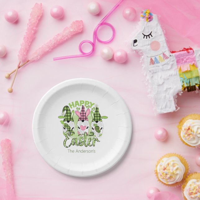 Personalized Happy Easter Gnomes Pink Green Party Paper Plates (Party)