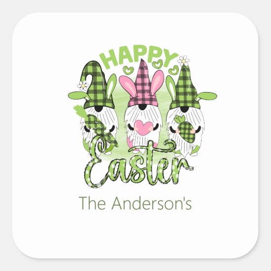Personalized Happy Easter Gnomes Pink Green  Square Sticker
