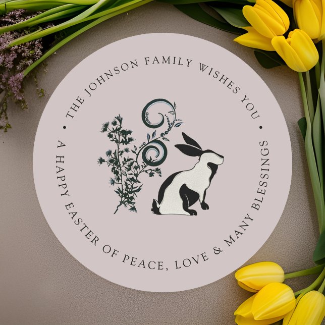 Personalized Happy Easter Modern Bunny Classic Round Sticker (Creator Uploaded)
