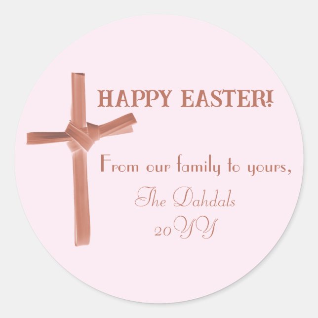 Personalized Happy Easter Palm Cross Family Pink Classic Round Sticker (Front)