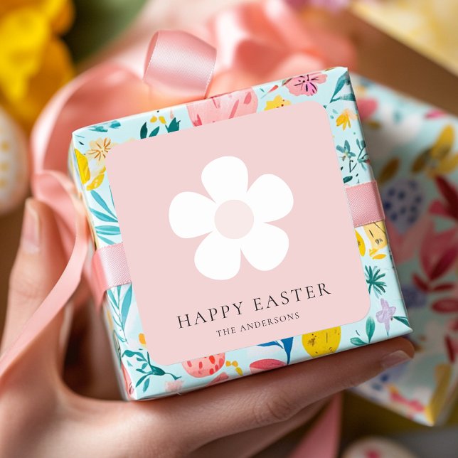 Personalized Happy Easter Pink Daisy Square Sticker (Creator Uploaded)